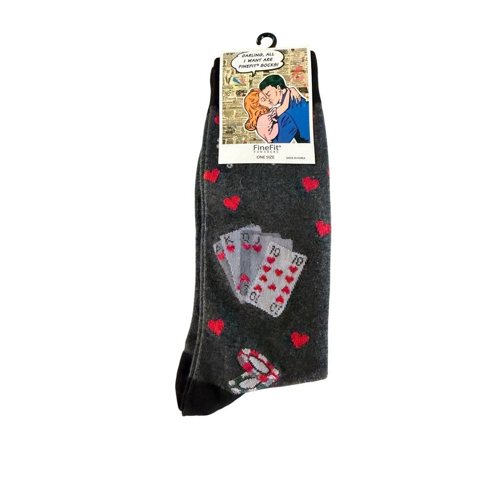 FineFit Fun Socks Mens Novelty Gambling Playing Cards Poker Chips Gray One Size